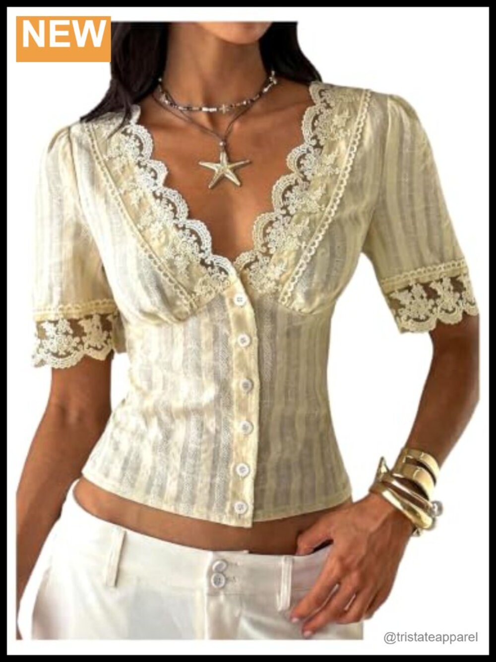 Women's V Neck Lace Trim Button Down Puff Short Sleeve Fitted Crop Top Blouse